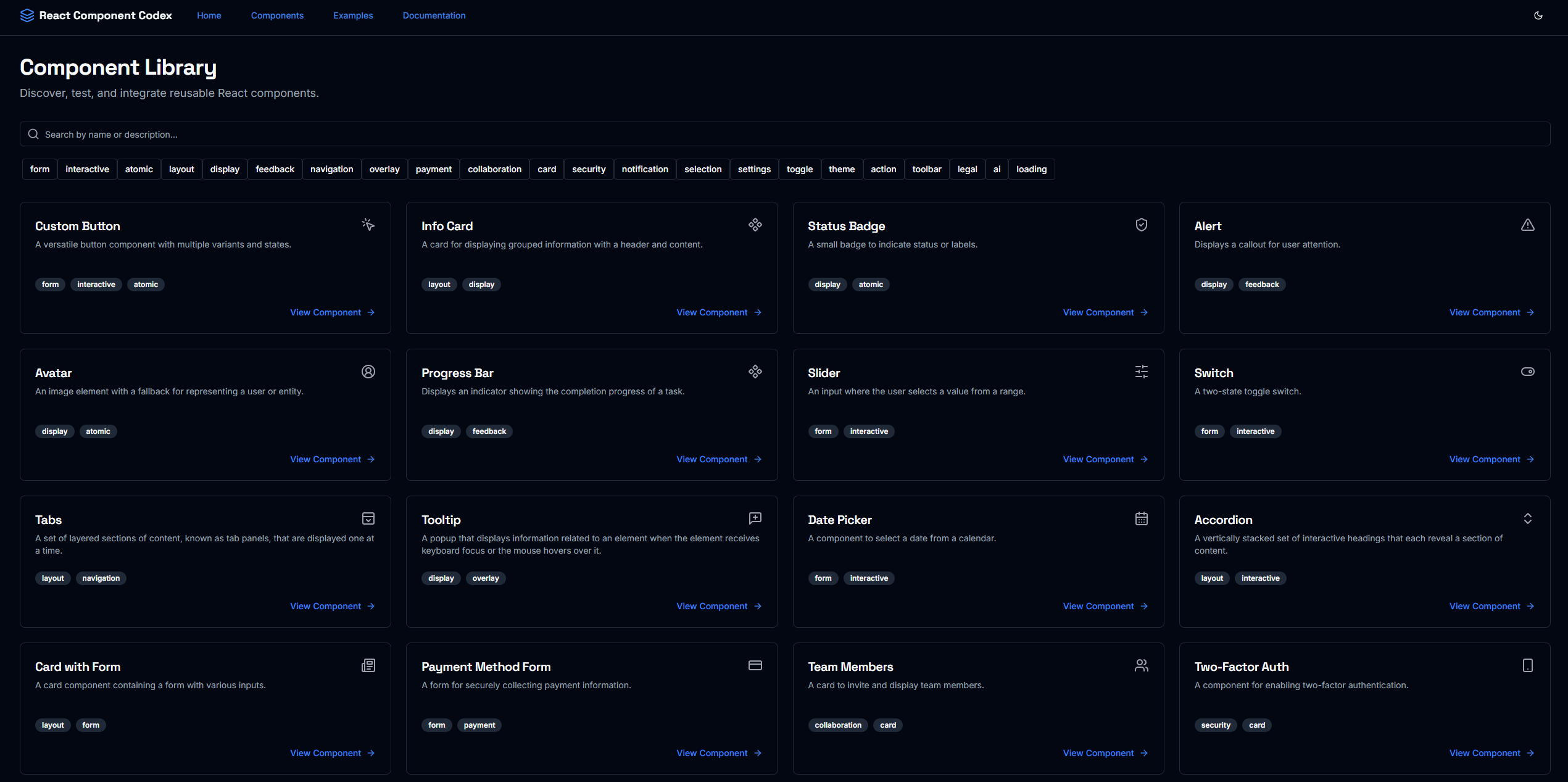 Vista previa de React Component Codex