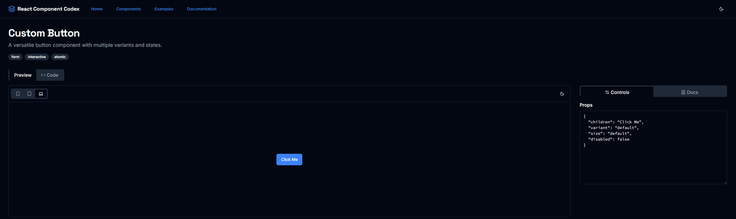 Vista previa de React Component Codex